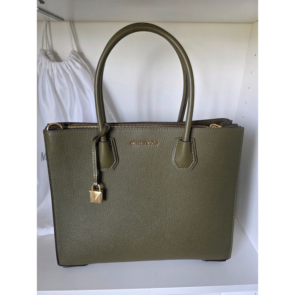 Michael Kors Mercer Tote Women Large Olive Green Leather Accordion Bag
